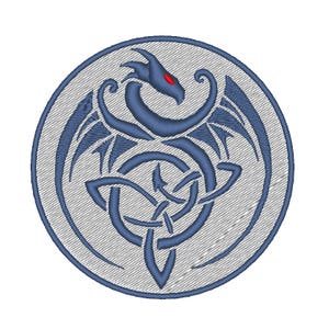 May include: A blue embroidered patch with a stylized dragon design. The dragon is curled around a Celtic knot and has red eyes.