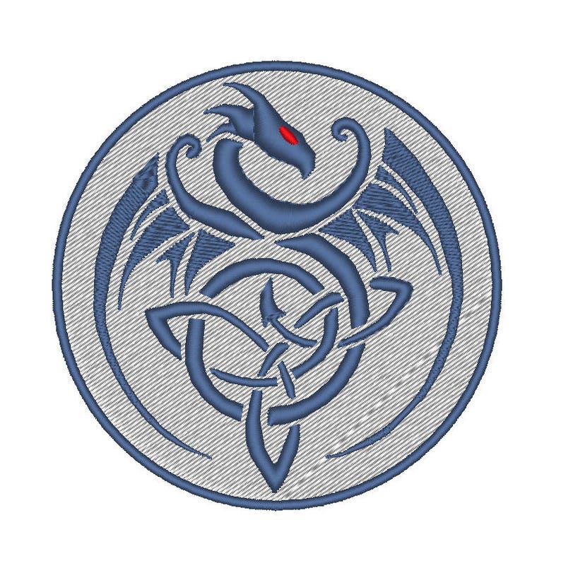May include: A blue embroidered patch with a stylized dragon design. The dragon is curled around a Celtic knot and has red eyes.