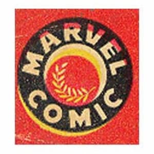 May include: A black and white logo with the text "MARVEL COMIC" in a circle. The logo has a red background.