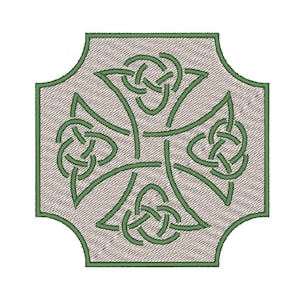 May include: A green Celtic knot cross design on a gray background. The cross is in a square shape with rounded corners.