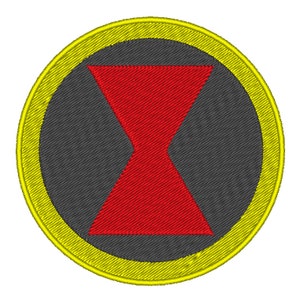 May include: A black and red embroidered patch with a yellow border. The patch features a stylized hourglass shape.