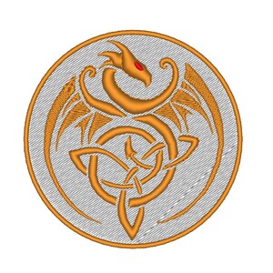 May include: A gold embroidered patch with a Celtic knot design and a dragon with red eyes. The dragon is curled around the knot and has wings spread out.