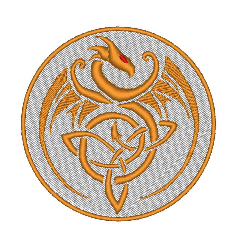 May include: A gold embroidered patch with a Celtic knot design and a dragon with red eyes. The dragon is curled around the knot and has wings spread out.