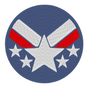 May include: A blue circular patch with a white five-pointed star in the center. The star is surrounded by four smaller white stars. Two red and white stripes are positioned above and below the star, forming a V-shape.