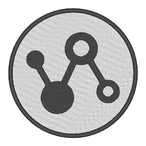 May include: A black and white circular patch with a stylized image of a molecule or network connection. The image is surrounded by a black border.