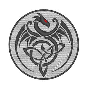 May include: A black and gray embroidered patch featuring a dragon with red eyes, wings, and a tail intertwined in a knot design. The patch is circular and has a gray background.