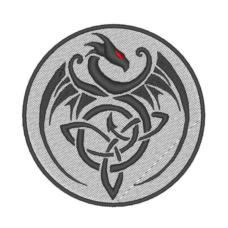 May include: A black and gray embroidered patch featuring a dragon with red eyes, wings, and a tail intertwined in a knot design. The patch is circular and has a gray background.