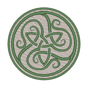 May include: A green Celtic knot design embroidered on a circular patch. The knot is a traditional symbol of interconnectedness and eternity.