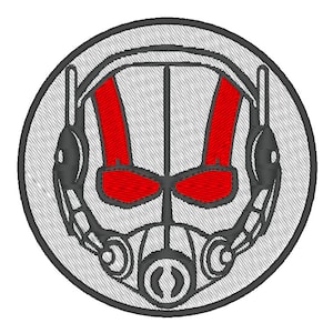 May include: A circular embroidered patch featuring a gray and red Ant-Man helmet design.