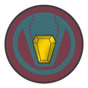 May include: A round, maroon and teal embroidered patch with a yellow diamond shape in the center.