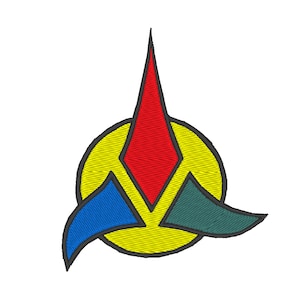 May include: A yellow circle with a red diamond shape in the center. Three curved shapes, one blue, one green, and one blue, surround the circle.