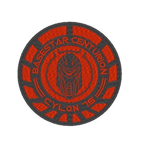 May include: A circular patch with a black background and red text. The text reads "Basestar Centurion Cylon 75". A stylized image of a Cylon head is in the center of the patch.
