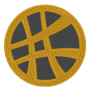 May include: A circular embroidered patch with a yellow outline and a black center. The center has a geometric design with eight spokes radiating from the center.
