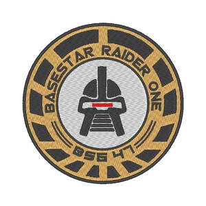 May include: A black and gold circular patch with the text "BASESTAR RAIDER ONE" around the edge. In the center is a gray and black illustration of a spaceship with a red stripe.