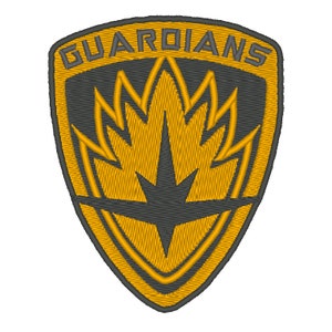 May include: A yellow and gray embroidered patch with the words "GUARDIANS" in a black arc at the top. The patch features a stylized star with flames behind it.
