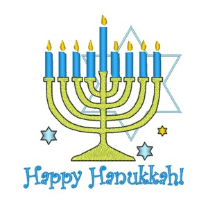 May include: A yellow menorah with nine blue candles and gold flames. The menorah is surrounded by blue and gold stars. The text "Happy Hanukkah!" is written below the menorah.