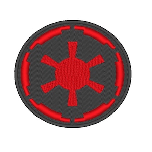 May include: A black and red embroidered patch featuring the Imperial symbol from Star Wars. The symbol is a circle with a red star in the center and a red ring around the outside.