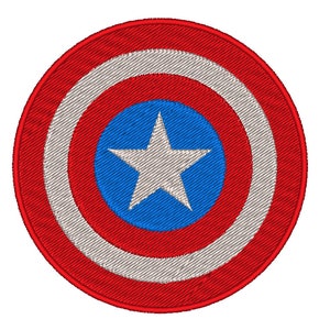 May include: A red, white, and blue circular patch with a white star in the center. The star is on a blue background, which is surrounded by a white circle, which is surrounded by a red circle.