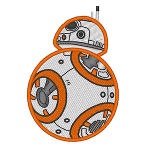 May include: A white and orange embroidered patch of a Star Wars BB-8 droid. The droid is round with a smaller dome on top. The droid has a black antenna on top.