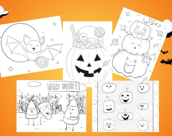 May include: Five black and white printable Halloween coloring pages featuring a bat, pumpkins, corn, and a corn maze.  The pages are ready to be colored in with crayons, markers, or colored pencils.