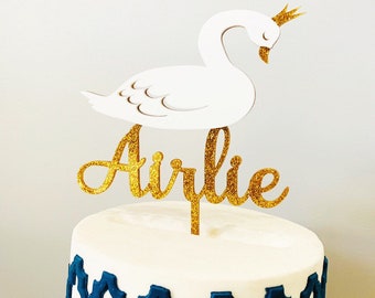 Personalised Birthday Bunting Cake Topper Pink and Gold Swans
