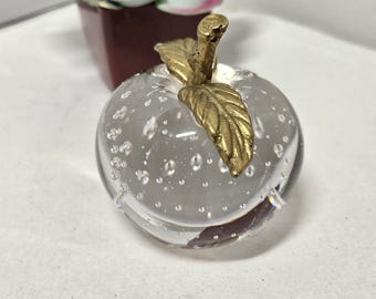 Vintage Art Glass Apple Shaped Paperweight with Bubbles and Brass Stem & Leaf