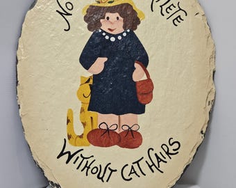Oval Slate Cat Lady Wall Hanging Plaque Picture