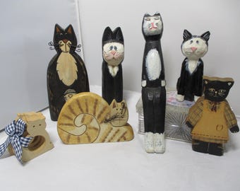 Bundle Lot of 7 Wood Wooden Tabletop Shelf Folk Art Cats Figures