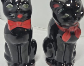Vintage Shafford Redware Pottery Black CAT Salt & Pepper Shakers MCM