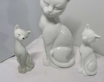 Bundle Lot of 3 Vintage All White Porcelain Siamese Cat Kitten Figurines Figures