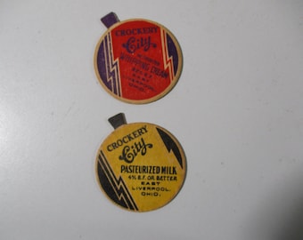 2 Vintage Crockery City Dairy Cardboard Milk Bottle Caps Lids Liverpool Ohio