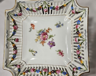 Antique Vintage HP Square Czechoslovakia Czech Floral Reticulated Dish Bowl