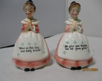 Vintage Enesco Praying Girls Ladies Salt & Pepper Pink Dresses. Give us This Day