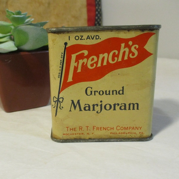Vintage Old French's Advertising Metal Tin Can Ground Marjoram Spice