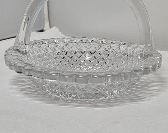 Vintage Westmoreland Round Crystal Glass Handled Basket English Hobnail Pattern