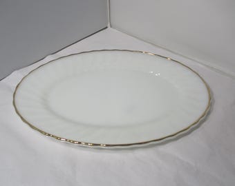 Vintage Anchor Hocking Dinnerware Oval Platter White Milk Glass Gold Rim