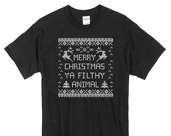 Merry Christmas Ya Filthy Animal T-Shirt home alone black 100% Cotton ugly sweater design xmas