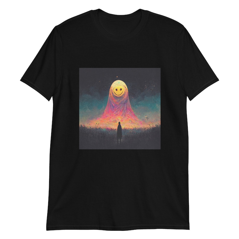 May include: A black t-shirt with a graphic of a smiling moon in a colorful sky. The moon is surrounded by a pink and orange glow, and a small figure stands in the foreground.