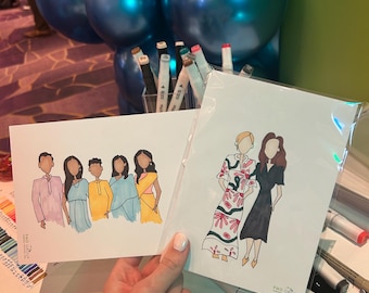 May include: Two watercolor illustrations of people in colorful outfits. One shows a group of six people, and the other shows two people. The illustrations are held in front of a background with balloons and markers.