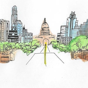 Impresión de acuarela y dibujo lineal de Austin, TX