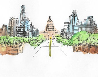 Austin, TX watercolor and line drawing print