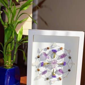 SOLD (Custom Order) Crystal Grid, crystal art, framed crystal grid, framed crystal art, spiritual art, Amethyst, Tigers eye, flower of life