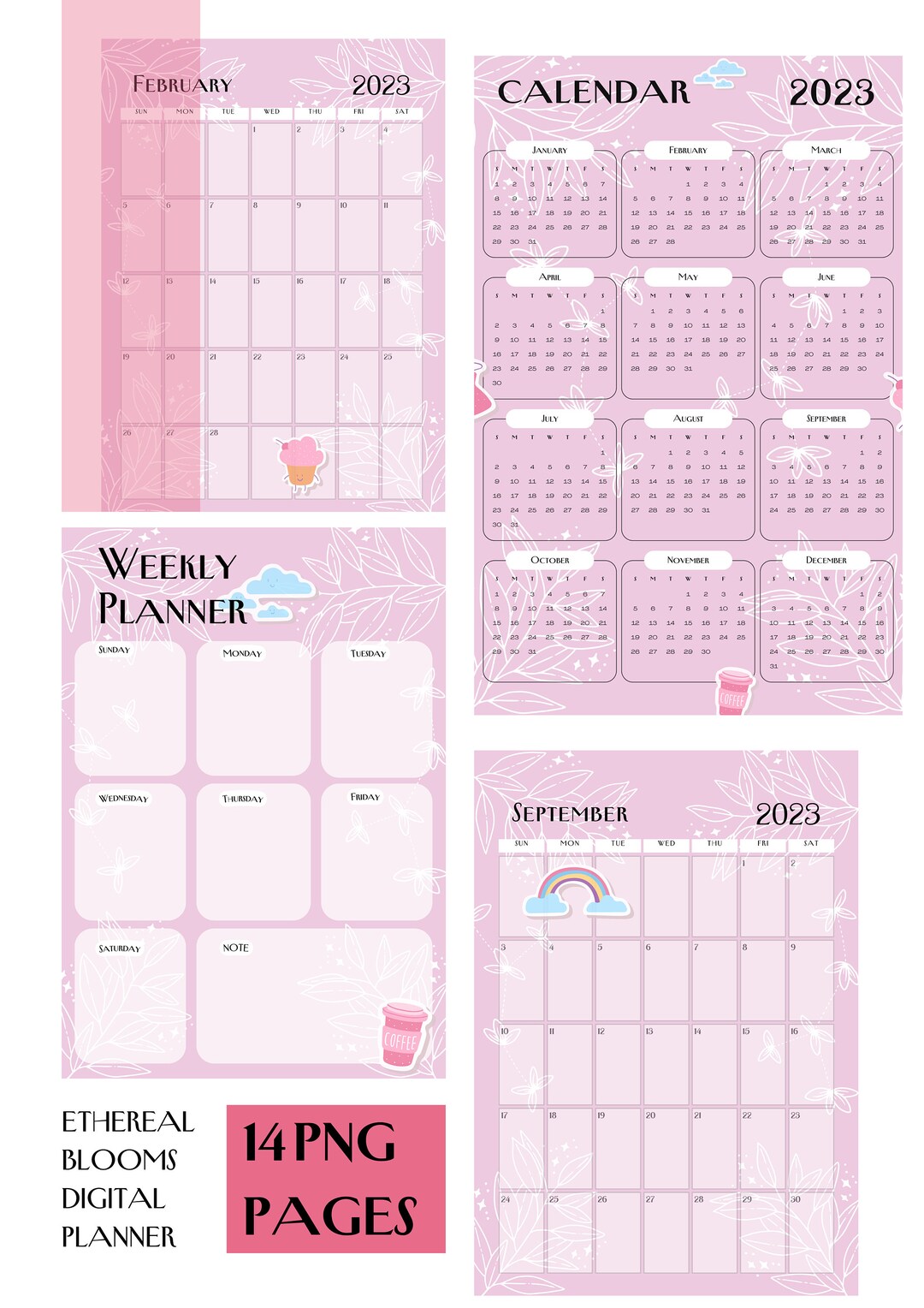Ethereal Blooms Digital Planner Gentle Pink Floral Design Weekly ...