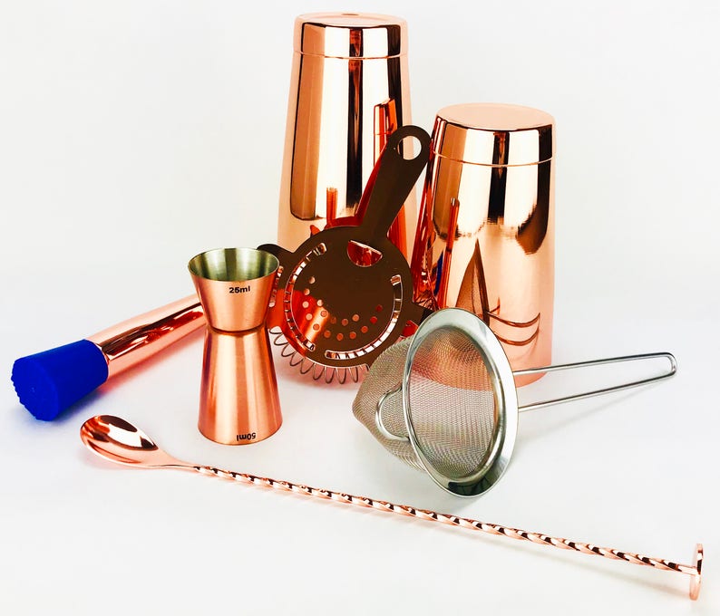 7 Piece Copper Cocktail Set, 28oz & 18oz Tin, 2 Strainers, Spoon, Muddler and Jigger image 2