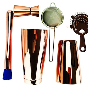 7 Piece Copper Cocktail Set, 28oz & 18oz Tin, 2 Strainers, Spoon, Muddler and Jigger image 1