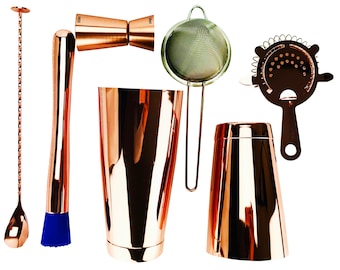 7 Piece Copper Cocktail Set, 28oz & 18oz Tin, 2 Strainers, Spoon, Muddler and Jigger