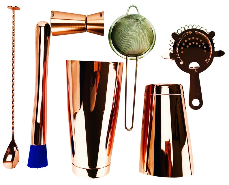 7 Piece Copper Cocktail Set, 28oz & 18oz Tin, 2 Strainers, Spoon, Muddler and Jigger image 1