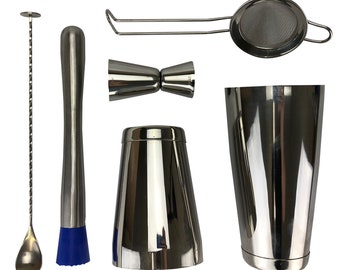 6 Piece Silver Cocktail Set, 28oz & 18oz Tin, Fine Strainer, Spoon, Muddler, Jigger