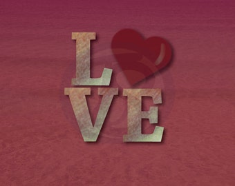 May include: A red heart with a textured, gold-colored "LOVE" graphic on a pink background.