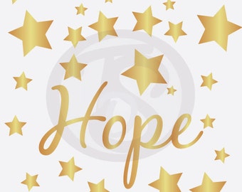 May include: A white background with the word "Hope" written in gold cursive script. The word is surrounded by gold stars.